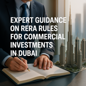 A business meeting reviewing RERA compliance documents for Dubai commercial property.