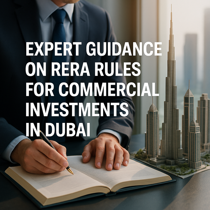 A business meeting reviewing RERA compliance documents for Dubai commercial property.