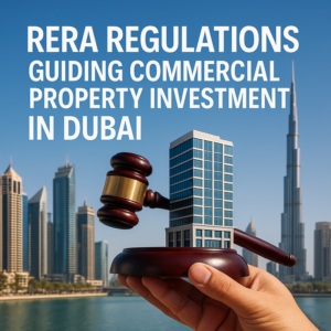 Aerial view of Dubai commercial skyscrapers regulated by RERA with digital overlay icons indicating compliance processes.