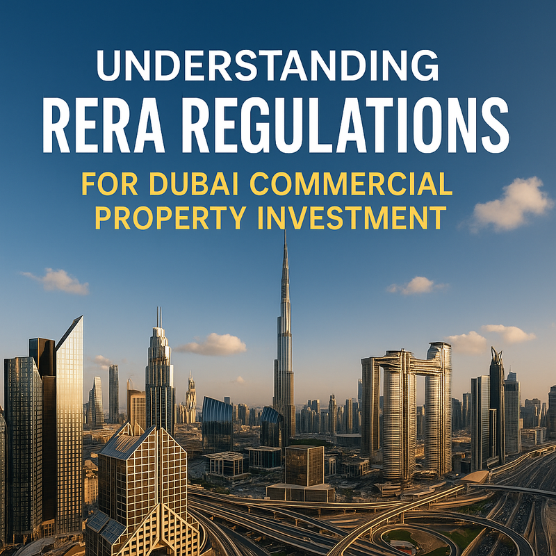 Dubai skyline featuring commercial buildings with legal scales overlay.
